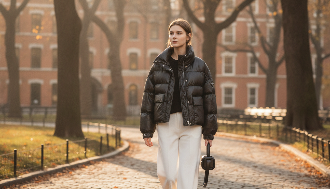 Minimalist Down Coat: Lapel Collar & Leather-Look Trim